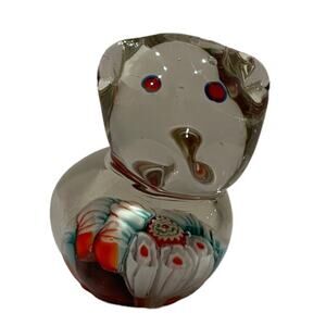 VTG Mini Bear Cat Paperweight Millefiori Flower Hand Blown Glass 2” Tall